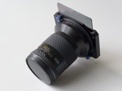 Back view of Benro holder installed on a Contax 645 35/3.5 lens with 100mm square and 100x150mm filters installed.